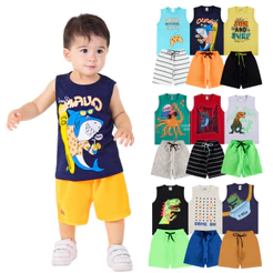 Kit 8 Peças de Roupas Infantil Bebê Menino - 4 Regatas + 4 Bermudas Tamanho 1 ao 10