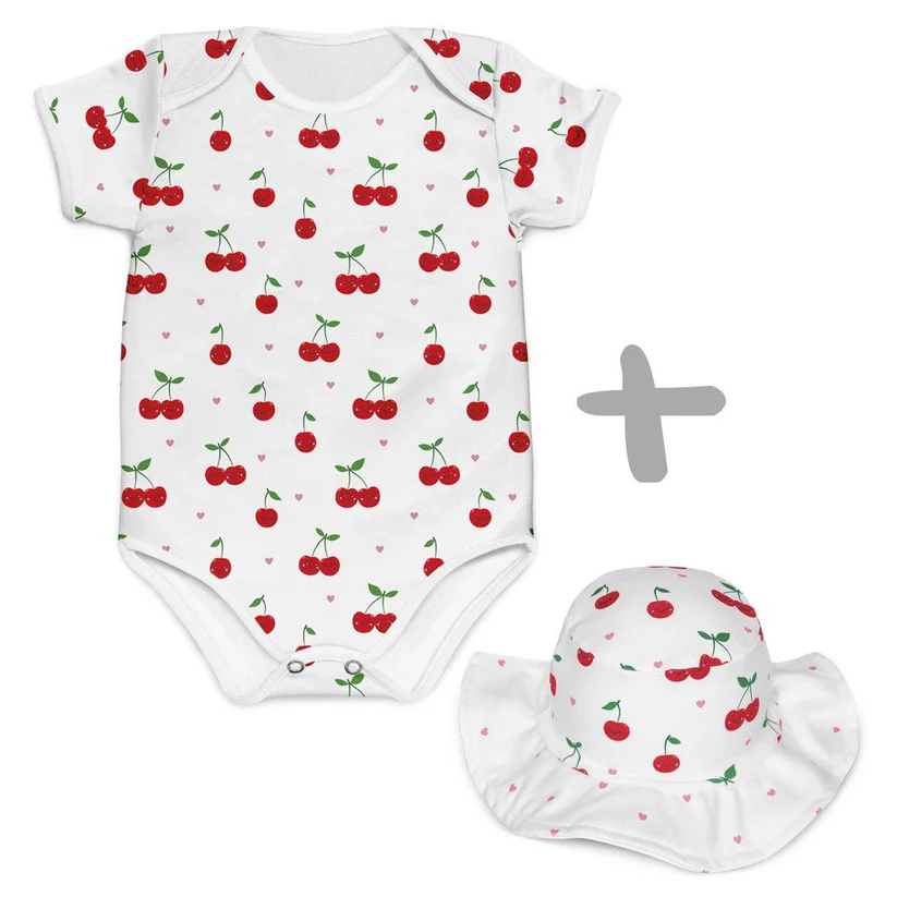 Kit Body Bebe Manga Curta Unissex +  Chapéu Bebê Praia Mini Boo