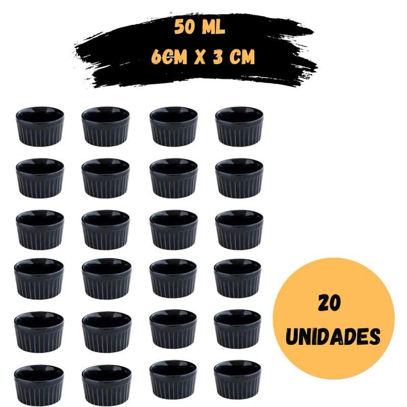 kit 20 Ramekins Preto 50ml Polietileno resistentes para molhos sobremesas restaurantes pousadas hotel