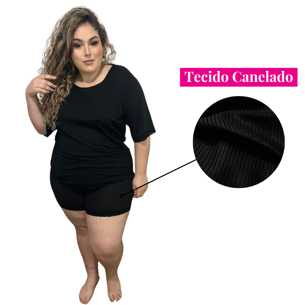 Pijama Baby Doll PLUS SIZE Canelado com Renda Feminino Curto - Roupa de Dormir Luxo Feminina para Adulto Conjunto Rendado Shortdoll Malha Confortável Verão Sem Bojo Manga Curta Rendinha Short Dool Lingerie Sexy Sensual Senhora Idosa 1030