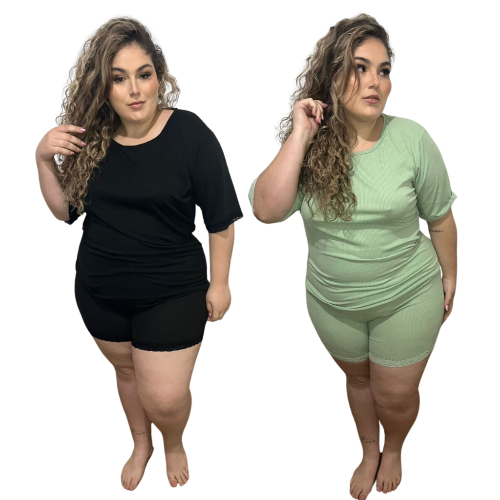 Kit 2 Pijamas Baby Doll PLUS SIZE Canelado com Renda Feminino Curto – Roupa de Dormir Luxo Feminina para Adulto Conjunto Rendado Shortdoll M