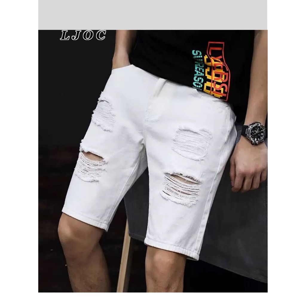 Bermuda Jeans Masculina Adulto Short Branco Preto Rasgado Sem Elastano Basica Promoção