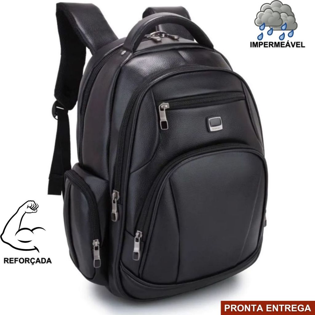 Mochila Escolar Couro Notebook Impermeável Unissex Preta