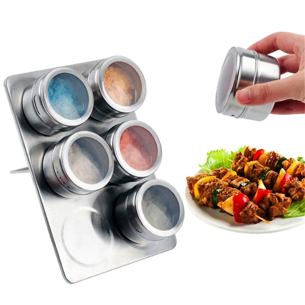 Porta Tempero Condimento Magnético Inox 6 / 3 Potes Com Imã Para Geladeira + Base