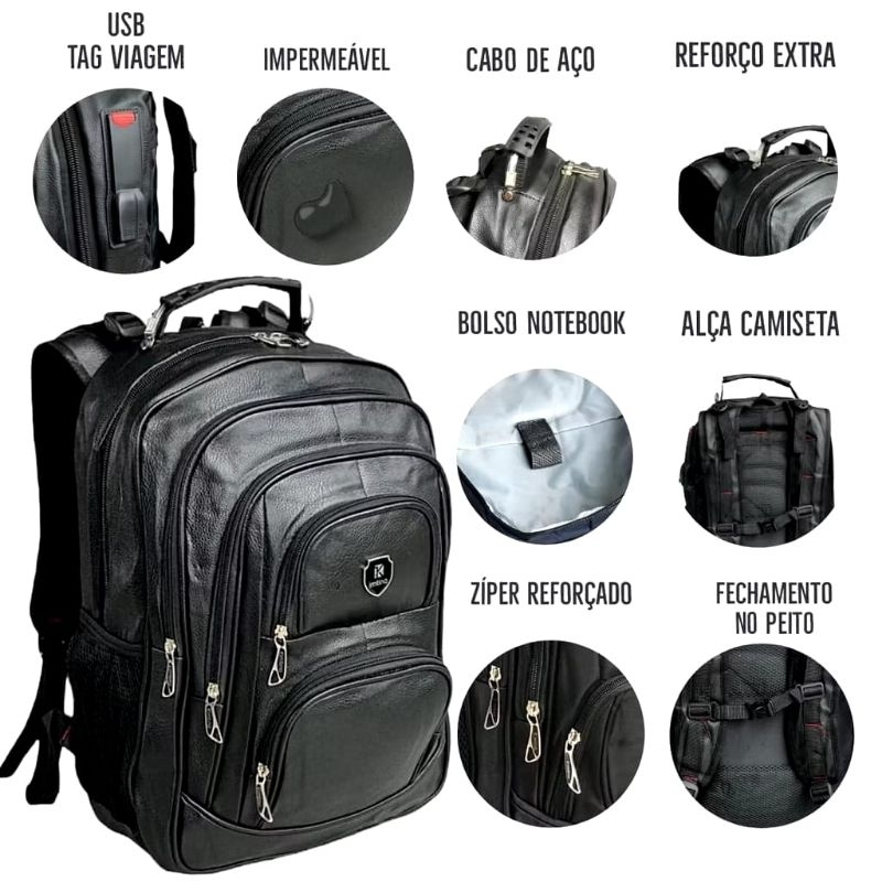 Mochila Couro sintético Notebook Impermeável Masculina Resistente Faculdade
