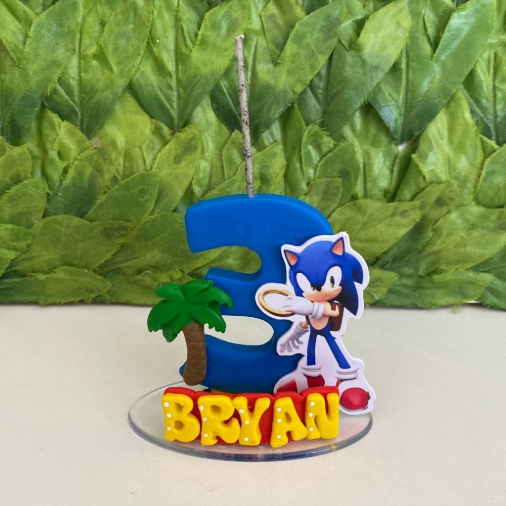 Vela Topo De Bolo Personalizado Em Biscuit Sonic Com Nome