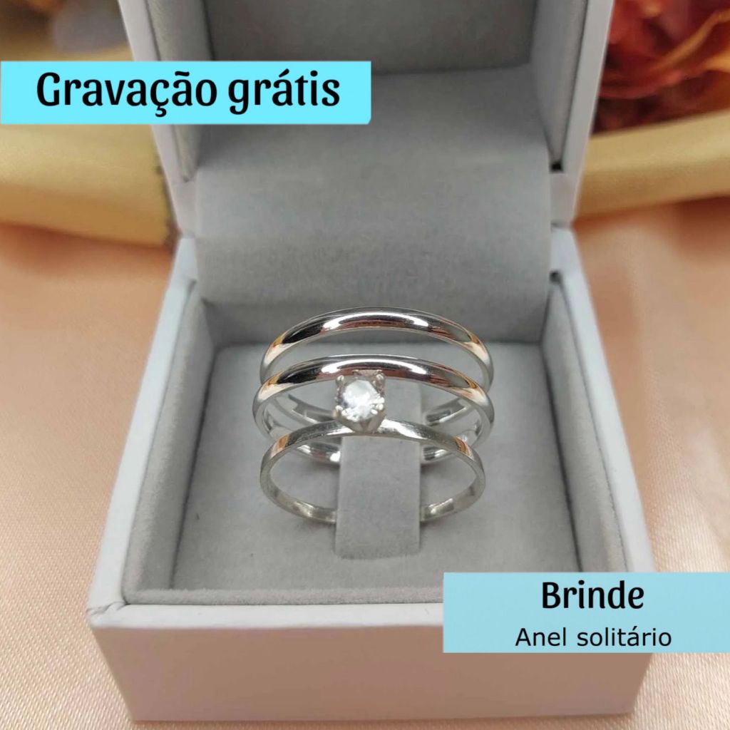 Par De Aliança De Prata Fina Com Gravação Grátis Solitário Namoro Compromisso Noivado + Caixa Veludo
