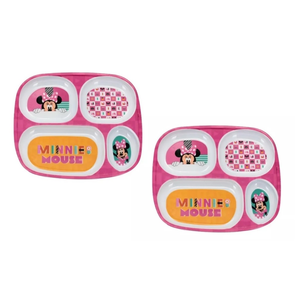 Kit 2 Pratos Infantil Grande Com Divisórias Melamina Introdução Alimentar Bebe Minnie