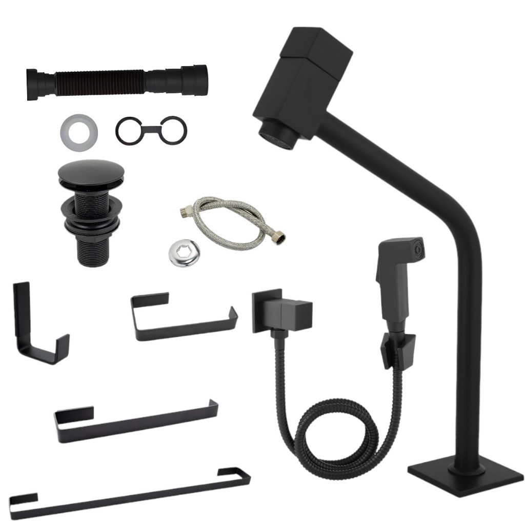 Kit Banherio Torneira + Acessórios: Torneira Preta Quadrada, Ducha, Válvula, Sifão e Engate
