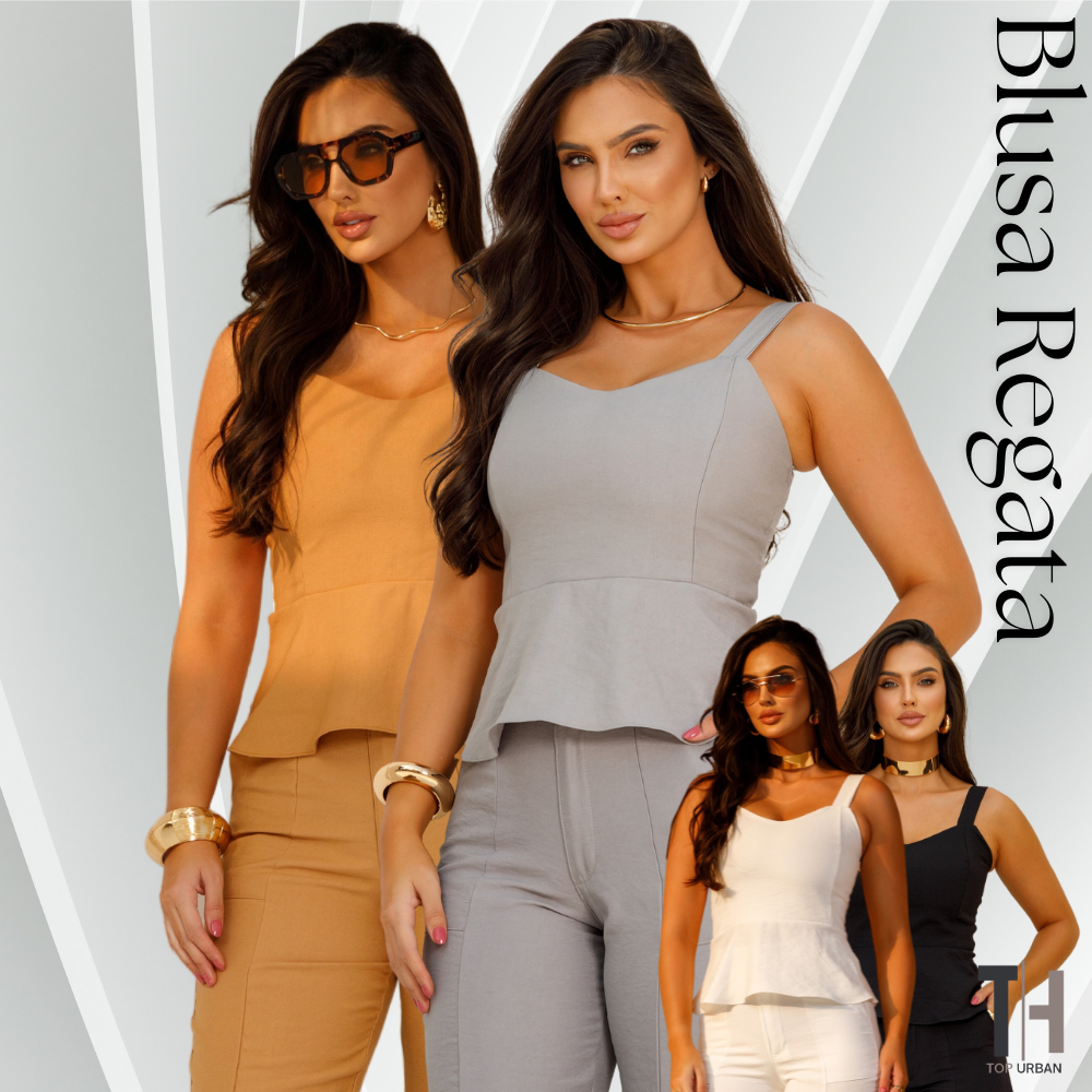 Blusa Regata Feminina Alfaiataria Cropeed Elastex Atras com babadinho Alça Larga Moda Blogueira