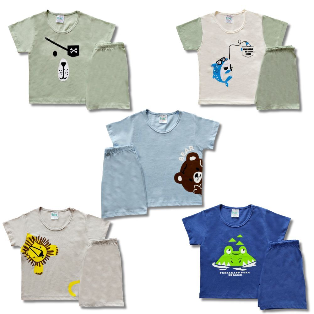 Kit 6 Peças 3 Conjuntos Pijama Infantil MENINO Verão 03 Conjuntos Tamanho 1 ao 8 anos