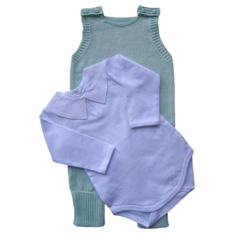 conjunto jardineira trico com body gola bordada branco menino em Oferta na Shopee