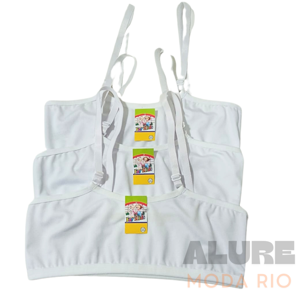 Kit 3 Tops Infantil Branco Reforçado Alça Regulável Colegial 8 a 12 anos Microfibra Lisa