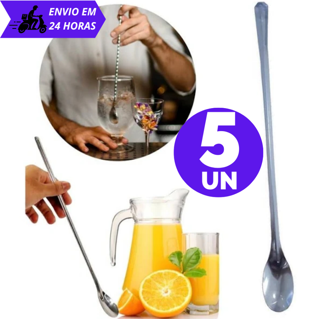 KIT Colher de Suco Bailarina em Aço Inox 30 cm para Suco Drinks Coquetel pra Bar Restaurante Cozinha
