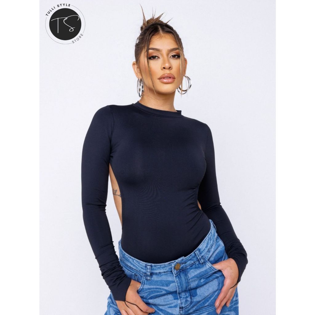 Body Costas Nua Manga Longa Preto Poliamida