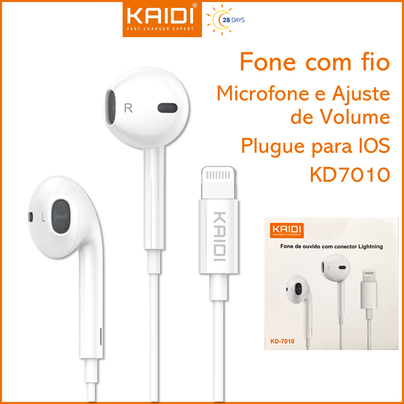 Fone de ouvido com fio auriculares com conector Lightning iPhone Microfone e Ajuste de volume kaidi kd-7010 em Oferta na Shopee