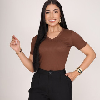 T shirt gola V Moda feminina Blusa manga curta Basica Lisa Basica Canelada Casual Manguinha Baby lok