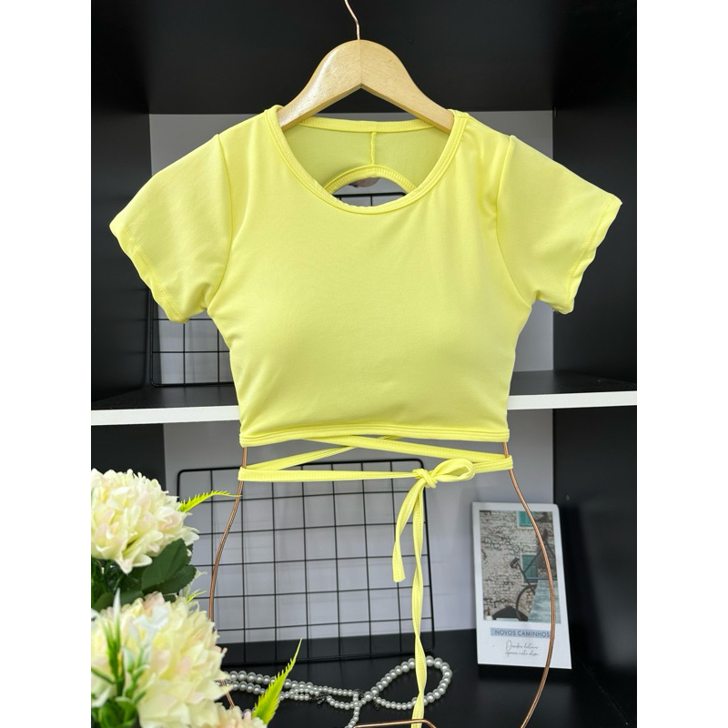 cropped suplex com bojo com manga curta\amarrado\moda feminina