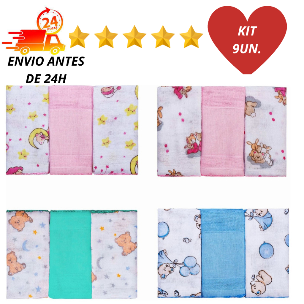 Pano De Boca Bebe Tecido Duplo 100% Algodão 9 Unidades e Varias Estampas