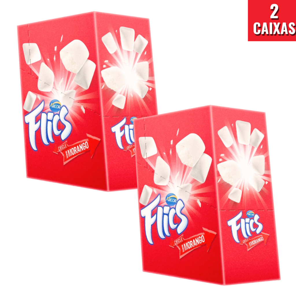 Kit 2 Caixas de Chiclete Flics Sabor Morango Caixa Com 12 Cartelas Cada Caixa Arcor