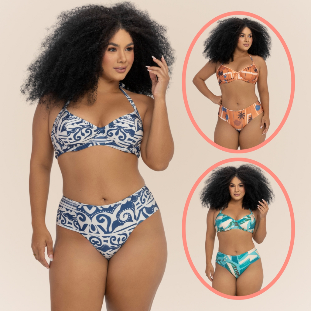 Conjunto Biquíni Plus Size Meia Taça Estampado Banho de Mar Liso Clássico Moda Praia Alça Ajustável