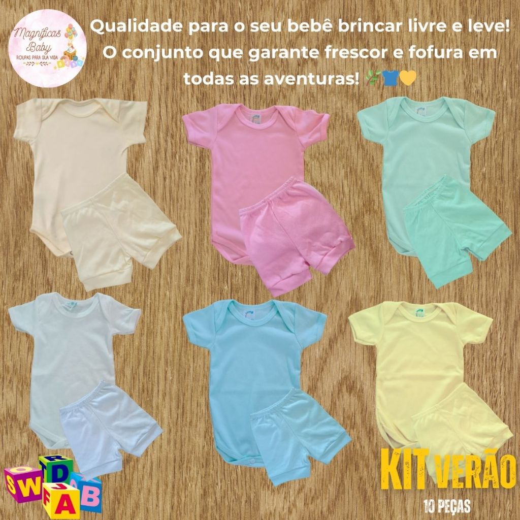 Kit 10 Peças Body Manga Curta Canelada e Shorts Conjunto Bebê Body Shorts Roupa de Bebê Barato