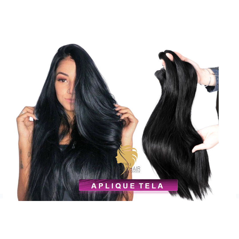 Aplique Preto Liso 70cm de Cabelo para Mega Hair Bio Humanizado Premium 100g Bella Hair