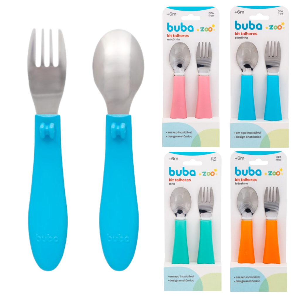 Kit Talheres Infantil Garfinho e Colherzinha Pontas Arredondadas Aço Inoxidável Buba Cabo Ergonômico em Oferta na Shopee