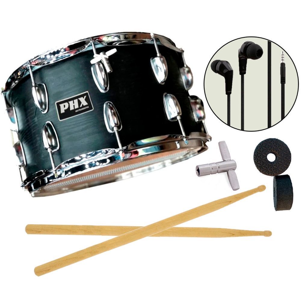 Caixa Bateria Phx Music 14x8 Madeira Cromado Pele Cristal