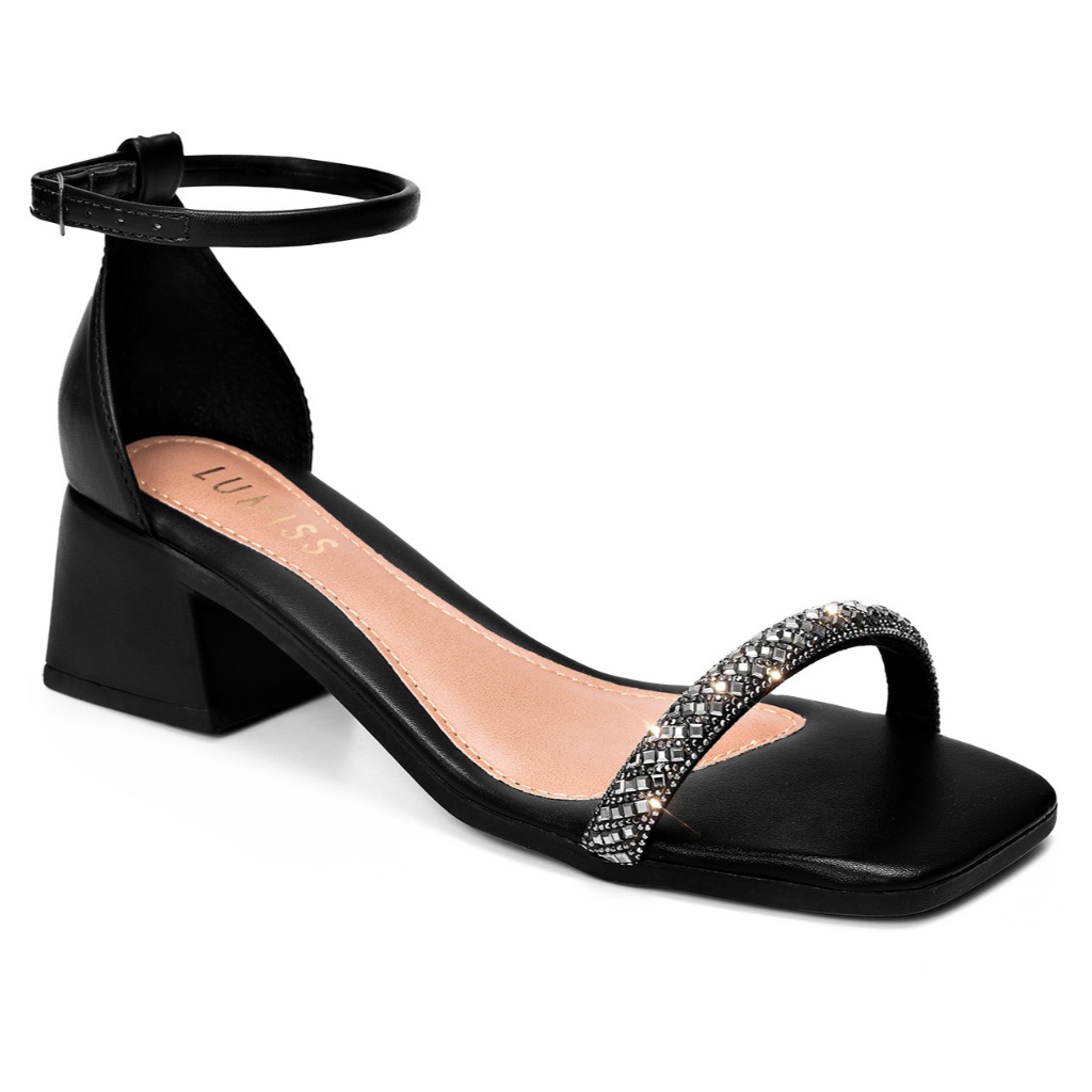 Sandália Feminina Lumiss Salto Baixo Bloco Confortável Fivela Strass Brilho Preto em Oferta na Shopee