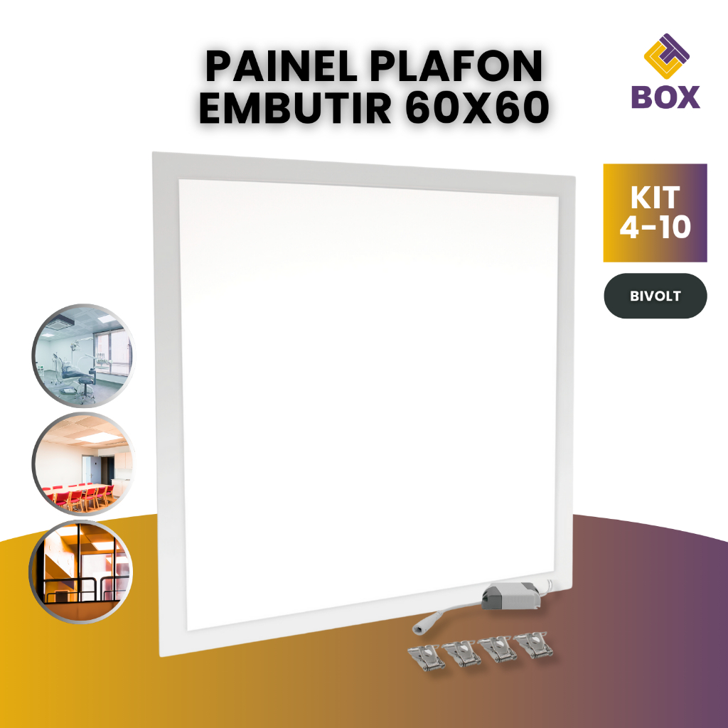 Kit 4 e Kit 10 Plafon Embutir Quadrado 60x60 Painel Led Slim 50w Branco Frio Neutro ou Quente
