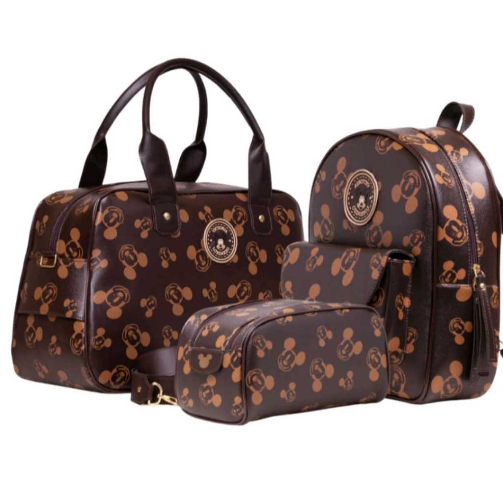 Kit Mala Mochila Necessaire Marrom Mickey Minnie Menina Menino Maternidade Passeio Casual Viagem