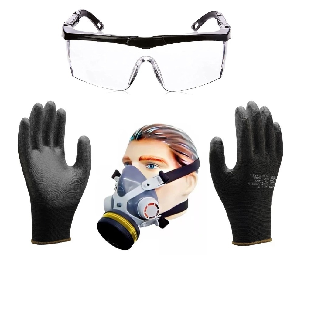 Máscara Respirador com filtros Óculos Segurança Luva Poliéster Pu Preta EPI