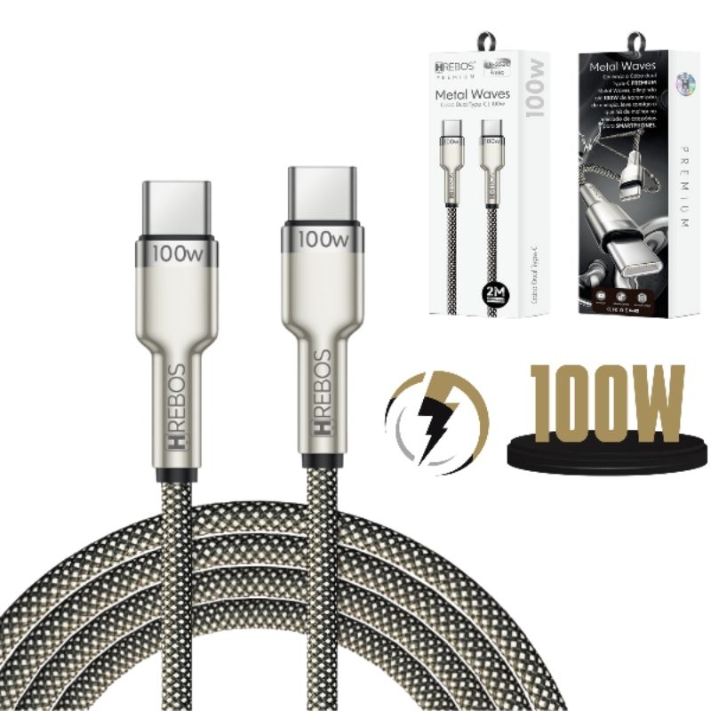 Cabo Turbo 100W USB-C para TIPO-C 2 pontas USB-C de 1 e 2 Metros 480mbps