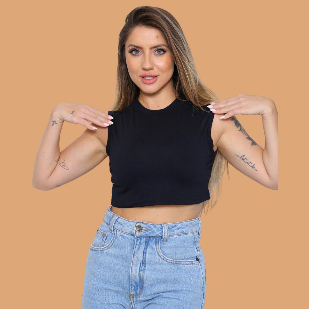Detalhes do Blusinha Top Cropped Regata gola alta curta barato top academia croped fitness
