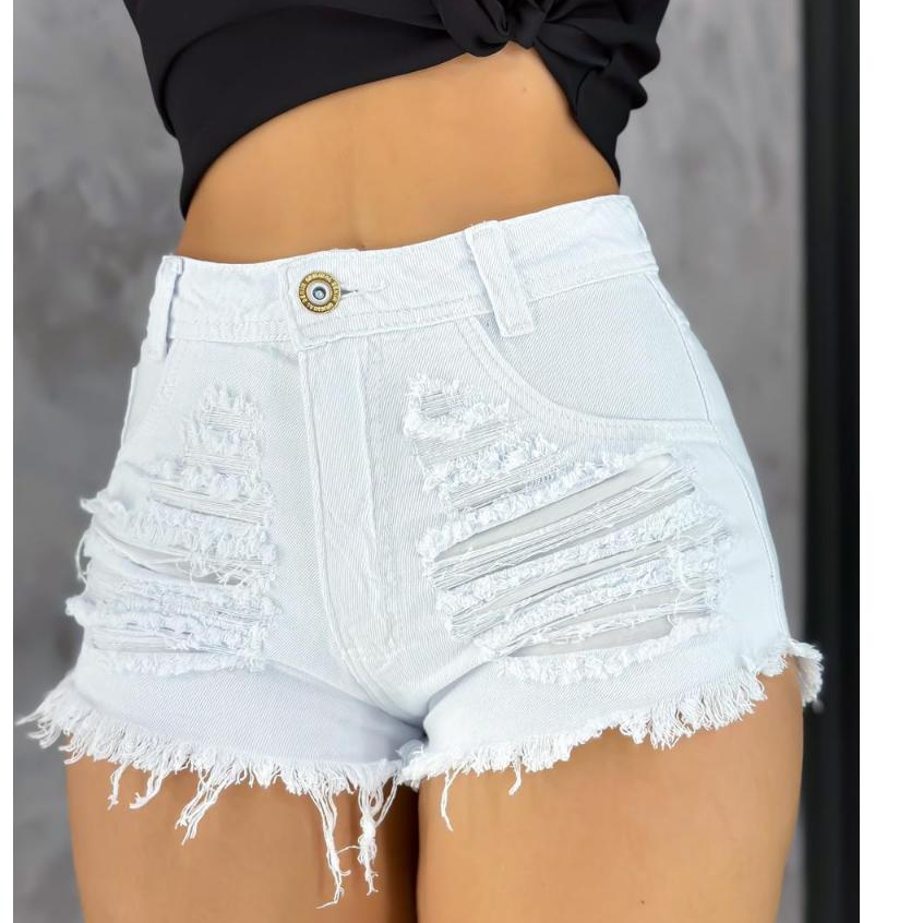 Short Jeans Feminino Cintura Destroyed Desfiado Na Perna Moda Blogueira Exclusiva