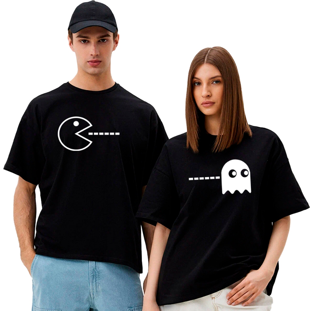 Kit 2 Camisetas De Casal Algodão Unissex, Estilo Streetwear Pac Man Come Come Oversized