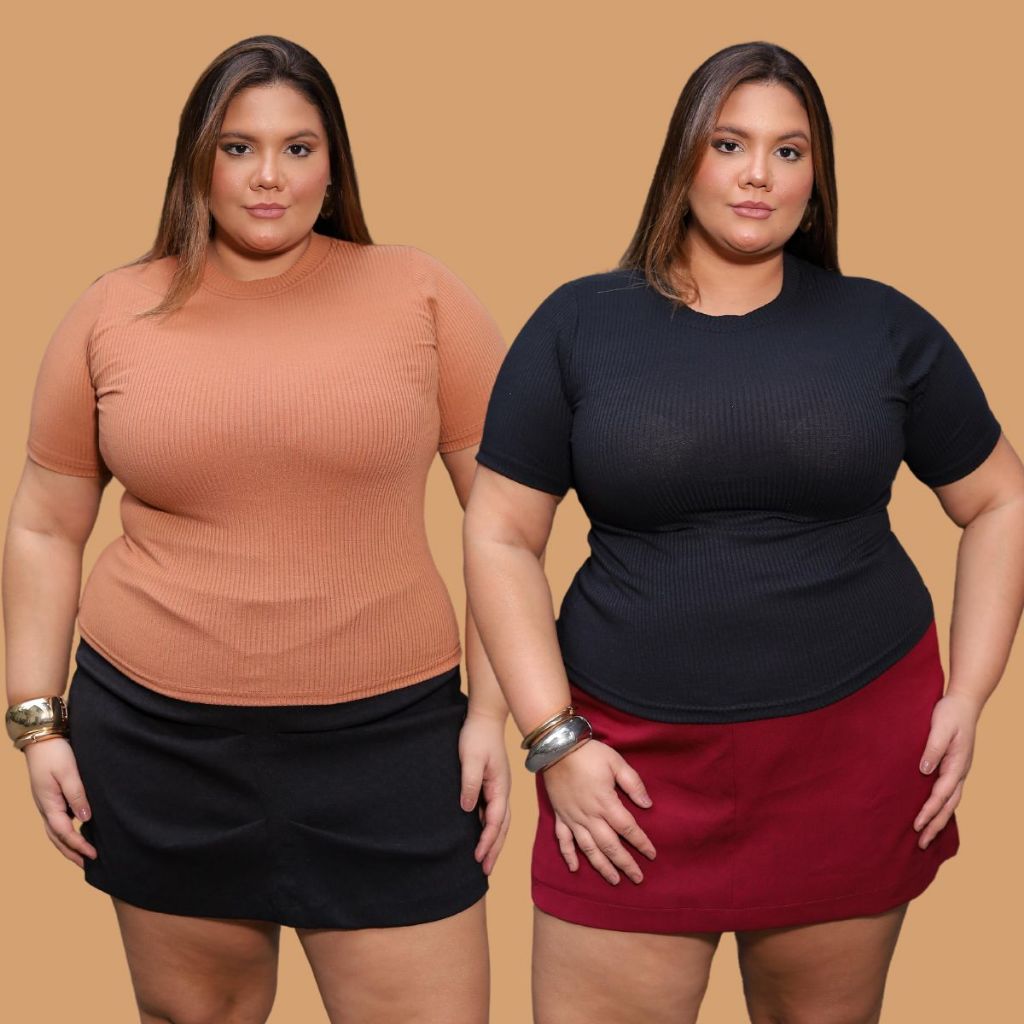 Kit 2 Blusas Caneladinho Premium Plus Size Feminina Gola Alta Veste 44 ao 52 Estilosa Malha Elegante em Oferta na Shopee