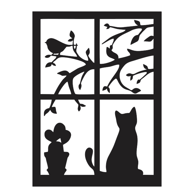 Quadro MDF GATO na janela com Passarinho  e CACTOS decorativo - Decoração Quadro Casa Sala quarto