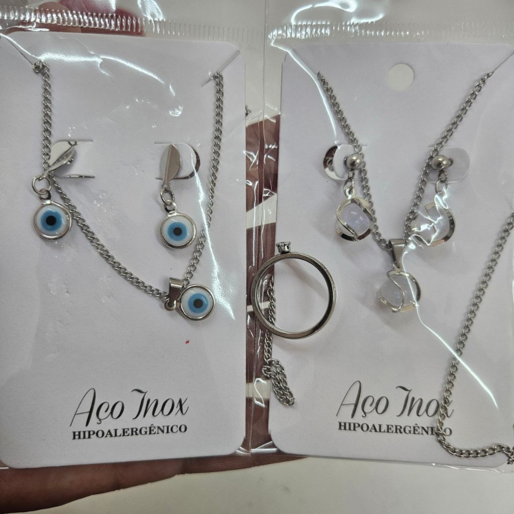 Kit Colares Feminino Olho Grego e Orbe mais Anel Solitário 2mm