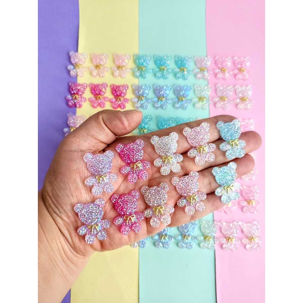 Aplique ursinho em resina cravejado glitter colorido 10 pçs sortidas