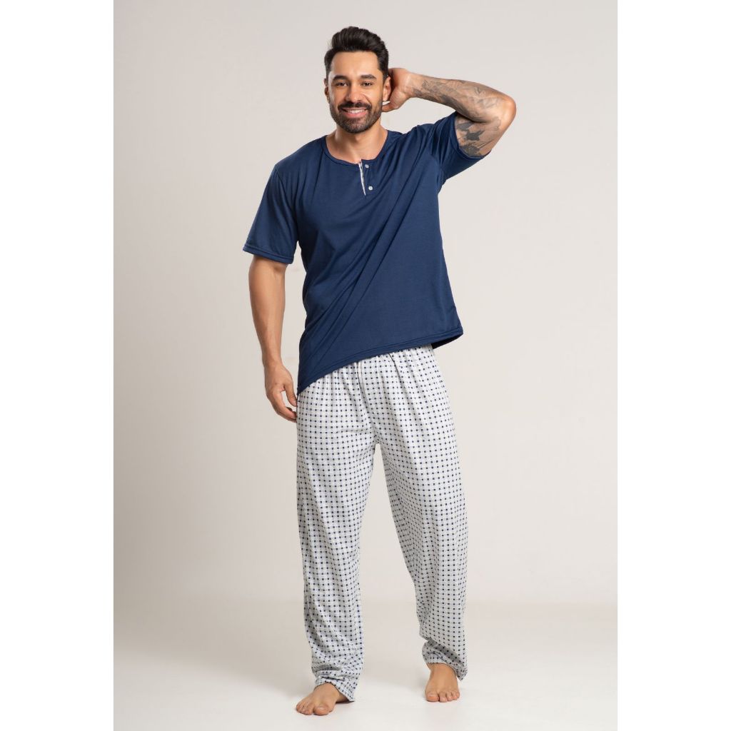 Promoção Pijama Masculino Adulto Calça Comprida Estampada Blusa Manga Curta Lisa