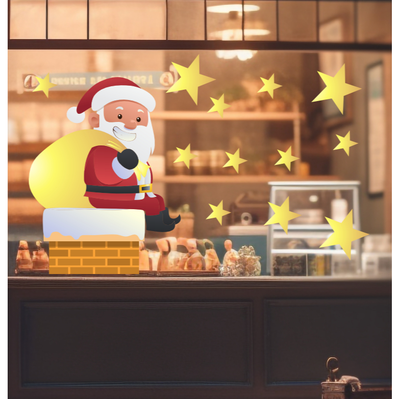 043 Papai Noel - Kit Adesivo Vinil Decorativo Vitrine, Natal, Papai noel descendo a lareira
