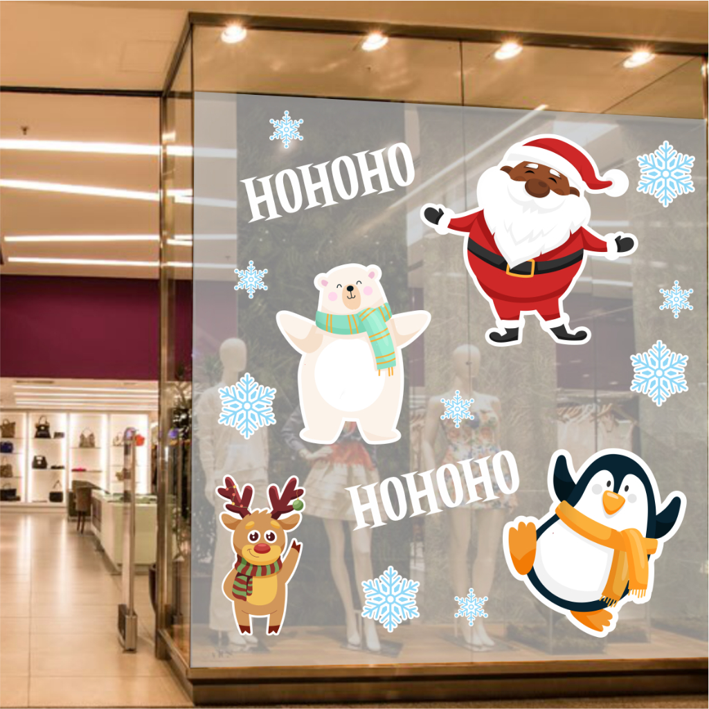 042 Papai Noel - Kit Adesivo Vinil Decorativo Vitrine, Natal, Rena, Urso Polar, Pinguim, Papai noel negro