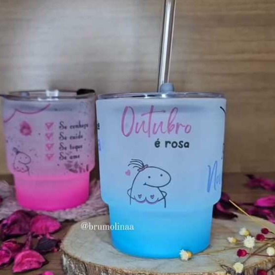Copo de vidro jateado com canudo personalizado- Frase Poema prevenção outubro rosa novembro azul