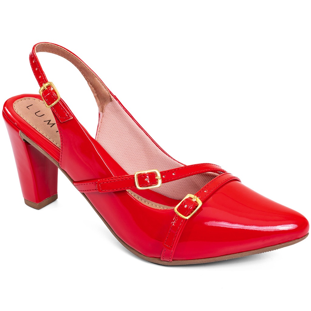 Scarpin Feminino Lumiss Confortável Slingback Fivelas Salto Fino Bico Fino Verniz Vermelho em Oferta na Shopee