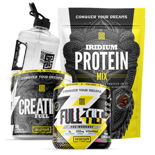 Kit Whey Protein Mix + Creatina Fuel Monohidratada 150g + Pre Treino Full tilt + Galão Iridium Labs em Oferta na Shopee