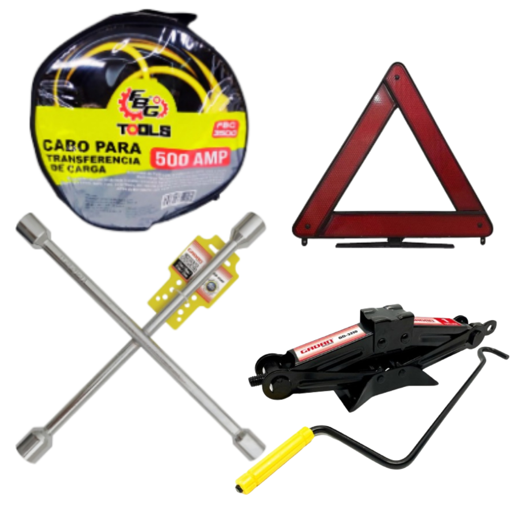 Kit Chave De Roda Cruz Aro 13 14 15 16 17 +macaco Sanfona 1T+ Cabo chupeta 3,5m 500A+ Triangulo