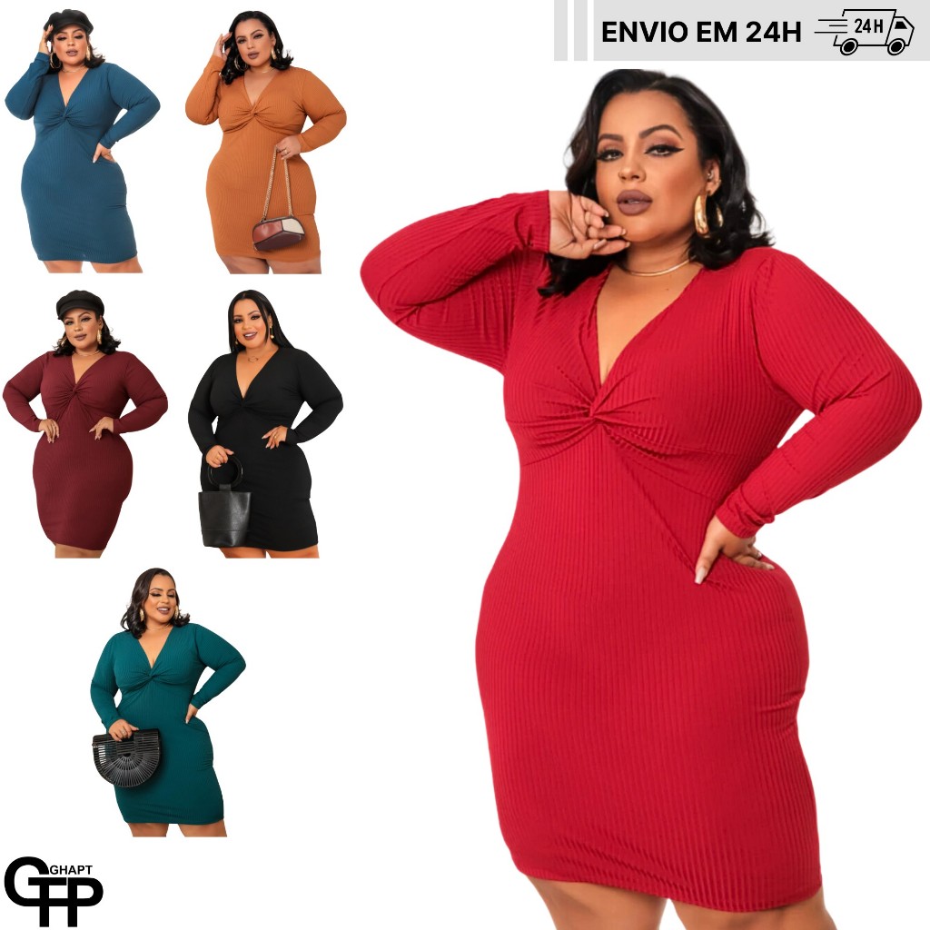 Vestido Plus Size Feminino Decote Nó Manga Longa
