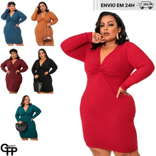 Vestido Plus Size Feminino Decote Nó Manga Longa em Oferta na Shopee